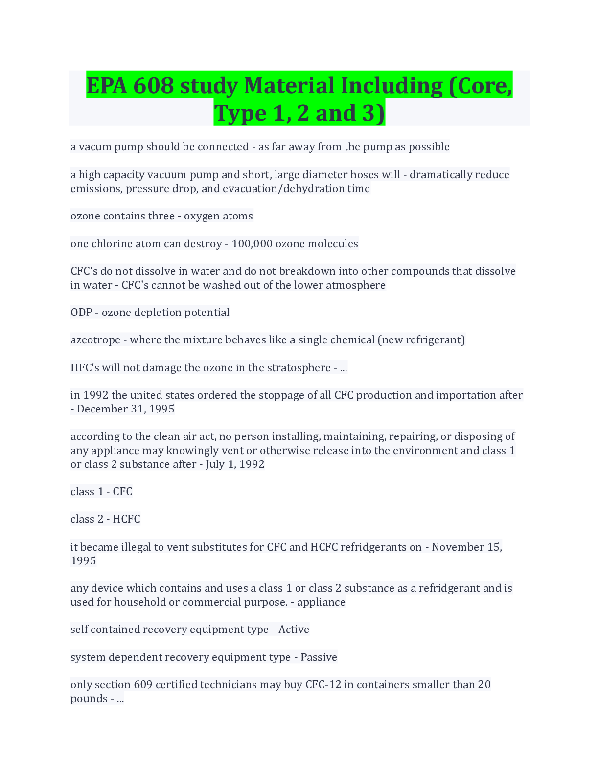 EPA 608 study Material Including (Core, Type 1, 2 and 3) Questions And